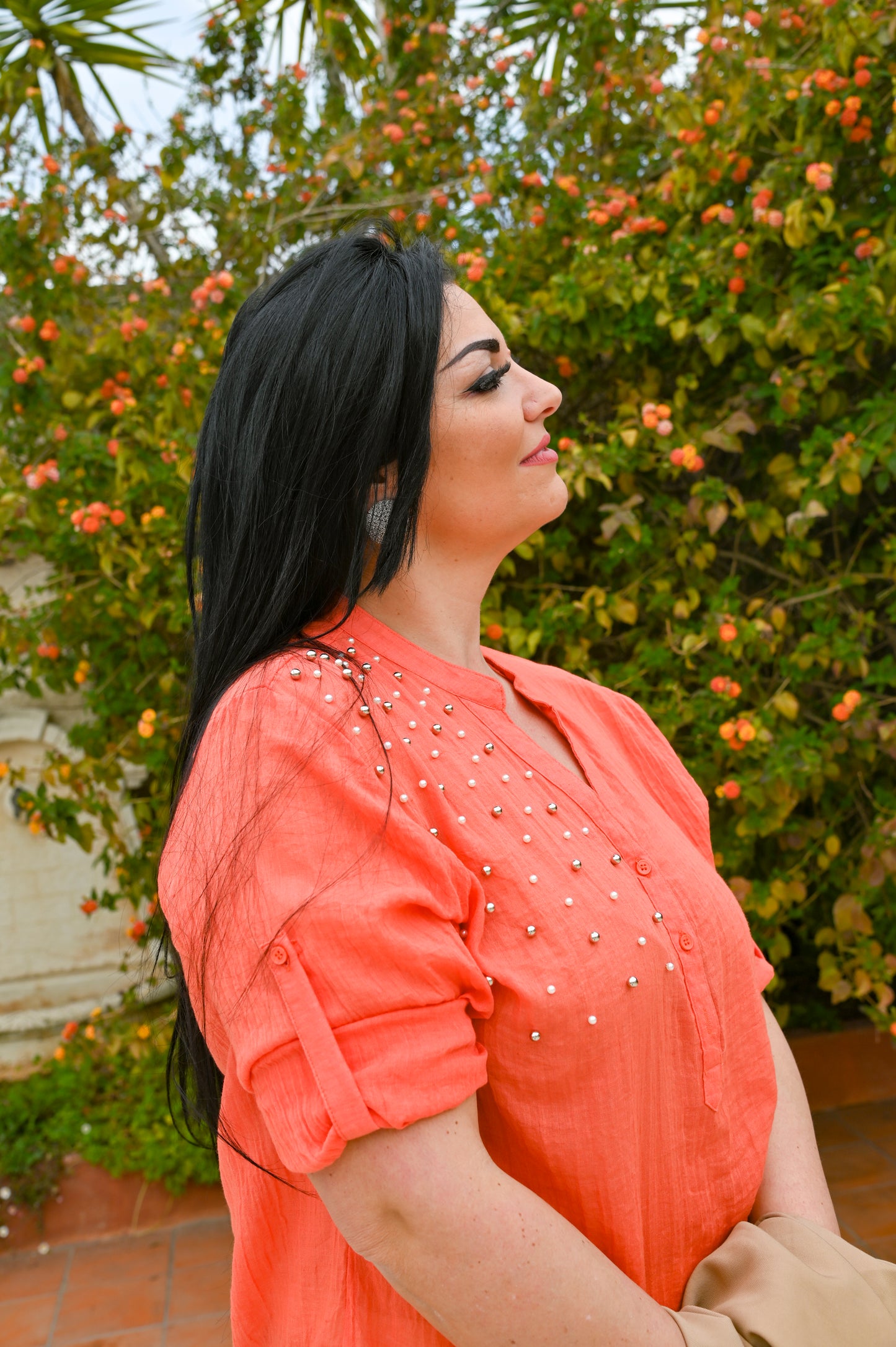 EDAS Polo in Lino con Applicazioni di Perle e Botchie