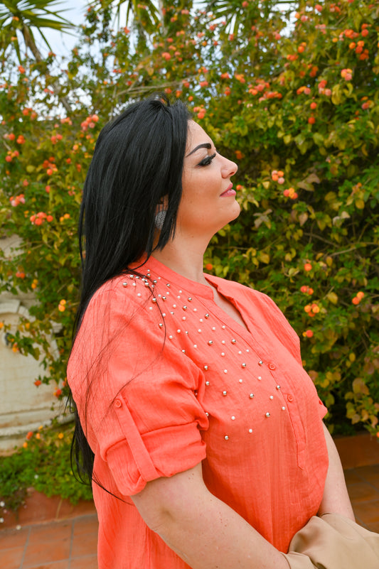 EDAS Polo in Lino con Applicazioni di Perle e Botchie