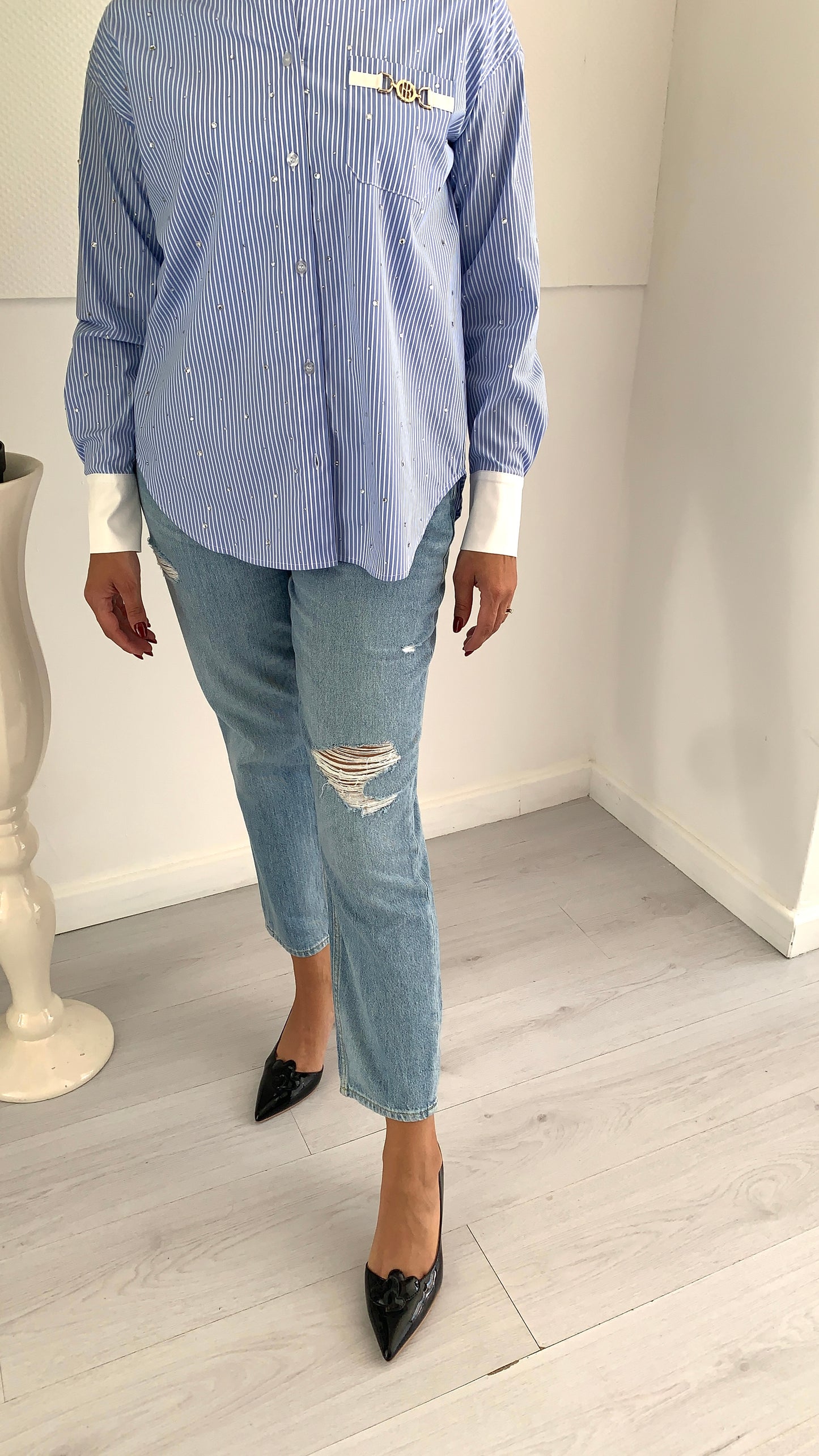 FRACOMINA Camicia Over Rigata con Punti Luce