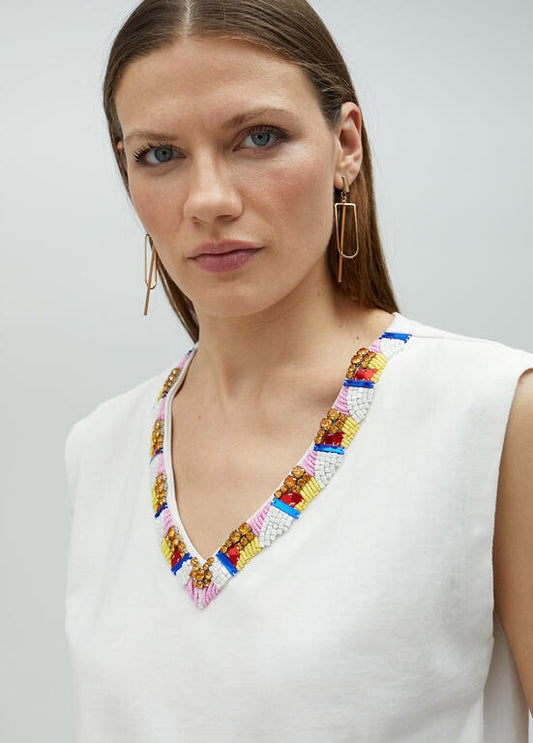 LOLA CASADEMUNT T-Shirt in cotone con Scollo a V e Applicazioni