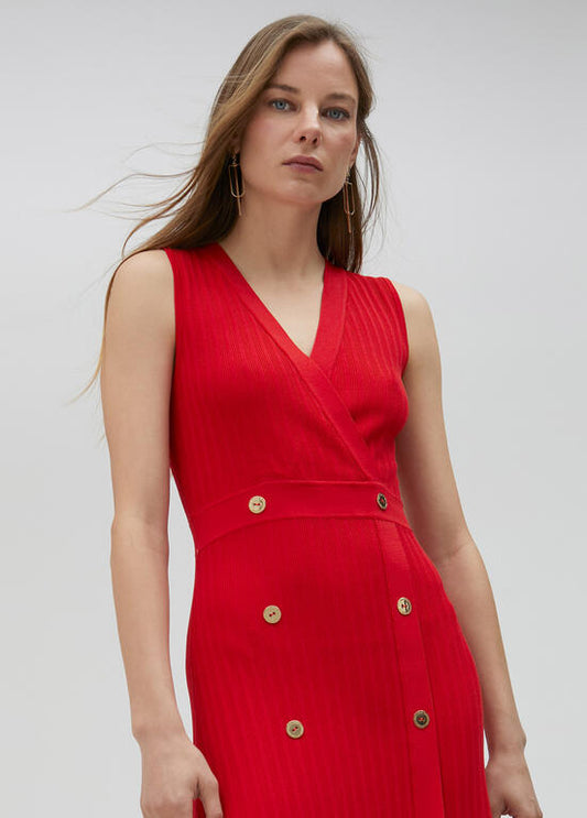 LOLA CASADEMUNT Abito Rosso in Maglia con Spacco e Bottoni Oro