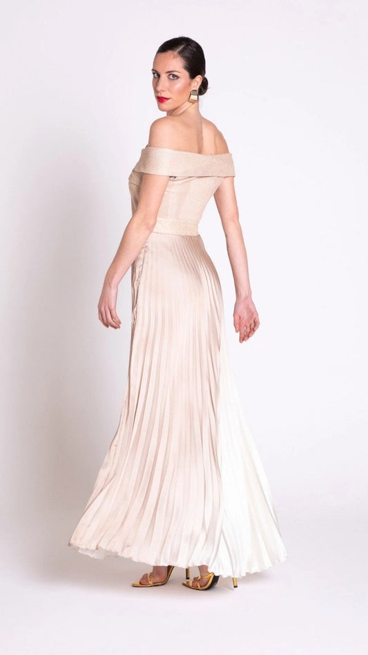 EDAS Abito Plissè Sfumato con Scollo a Barca in Croschè