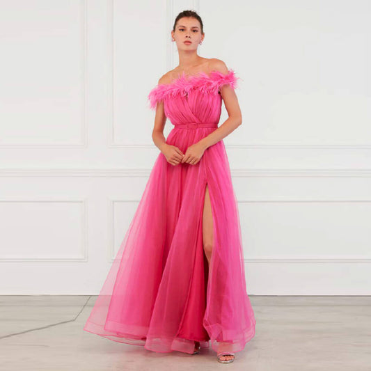 BIANCA BRANDI Abito in Tulle con Scollo a Barca e Piume