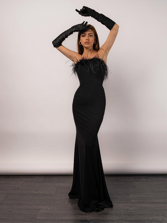 TNS BRAND Abito Sirena con Piume Nero