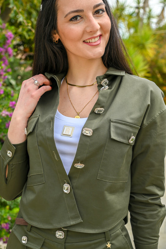 QUEGUAPA Giacca Verde Military No Slome' con Bottoni Gioiello