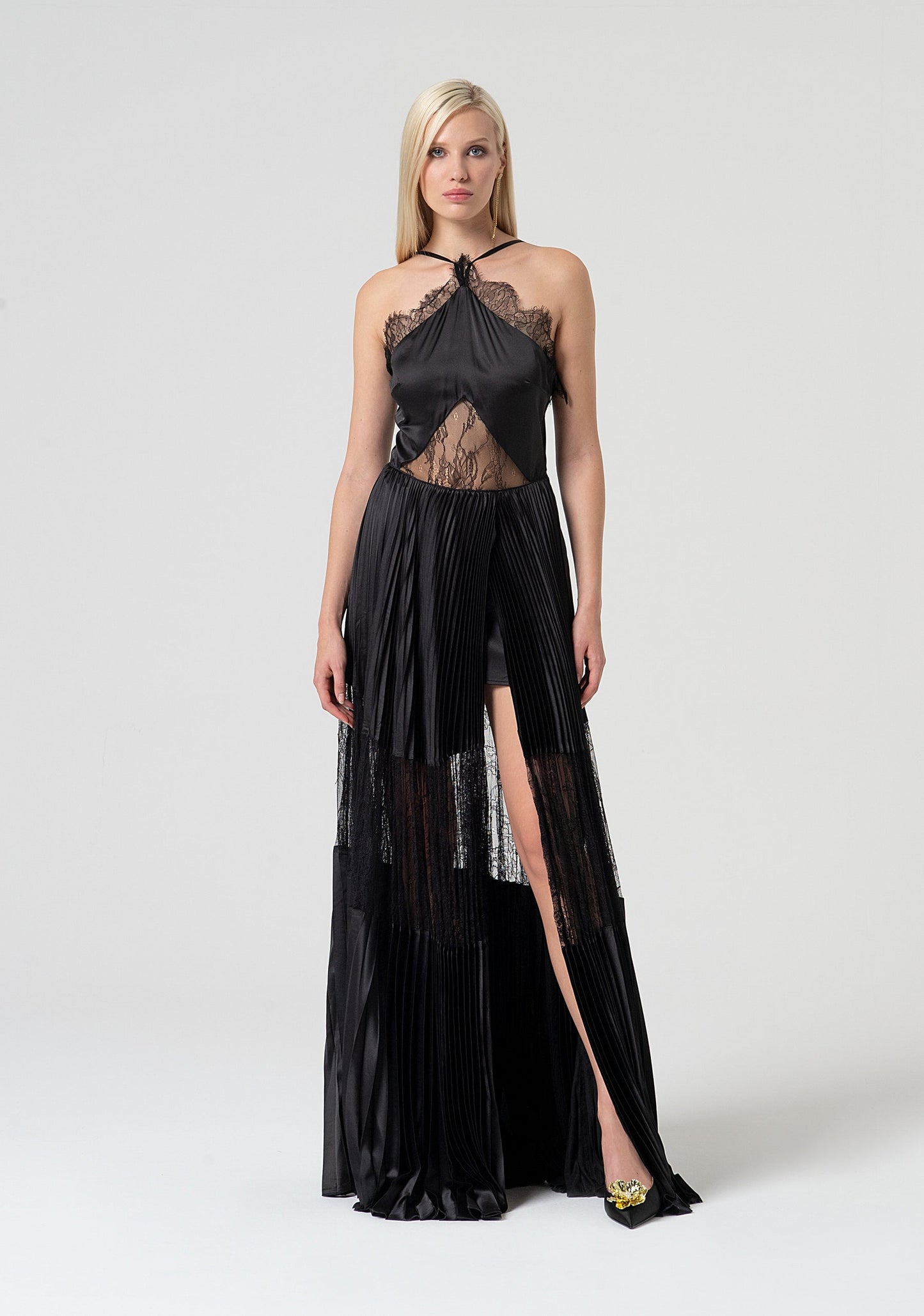 FRACOMINA Abito Lungo in Seta Plissè con Trasparenze e Spacco