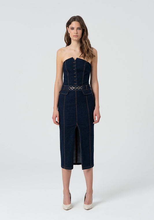 FRACOMINA Tubino in Denim Midi con Zip sulla Schiena