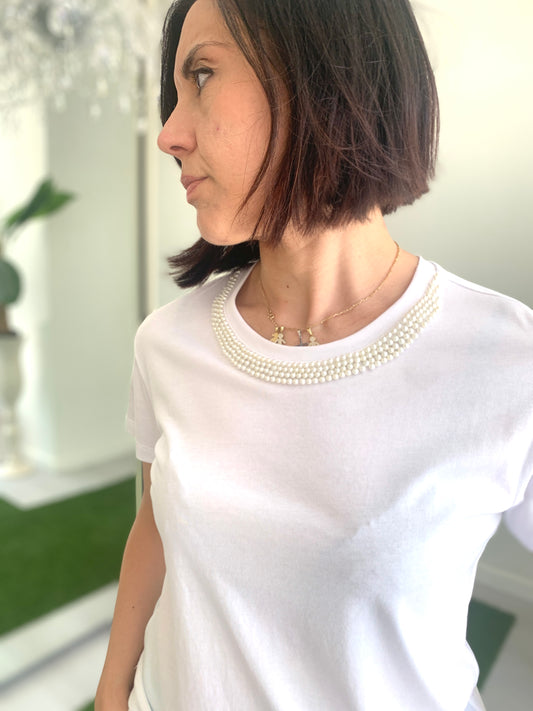 QUEGUAPA T-Shirt con Perle Manica Corta