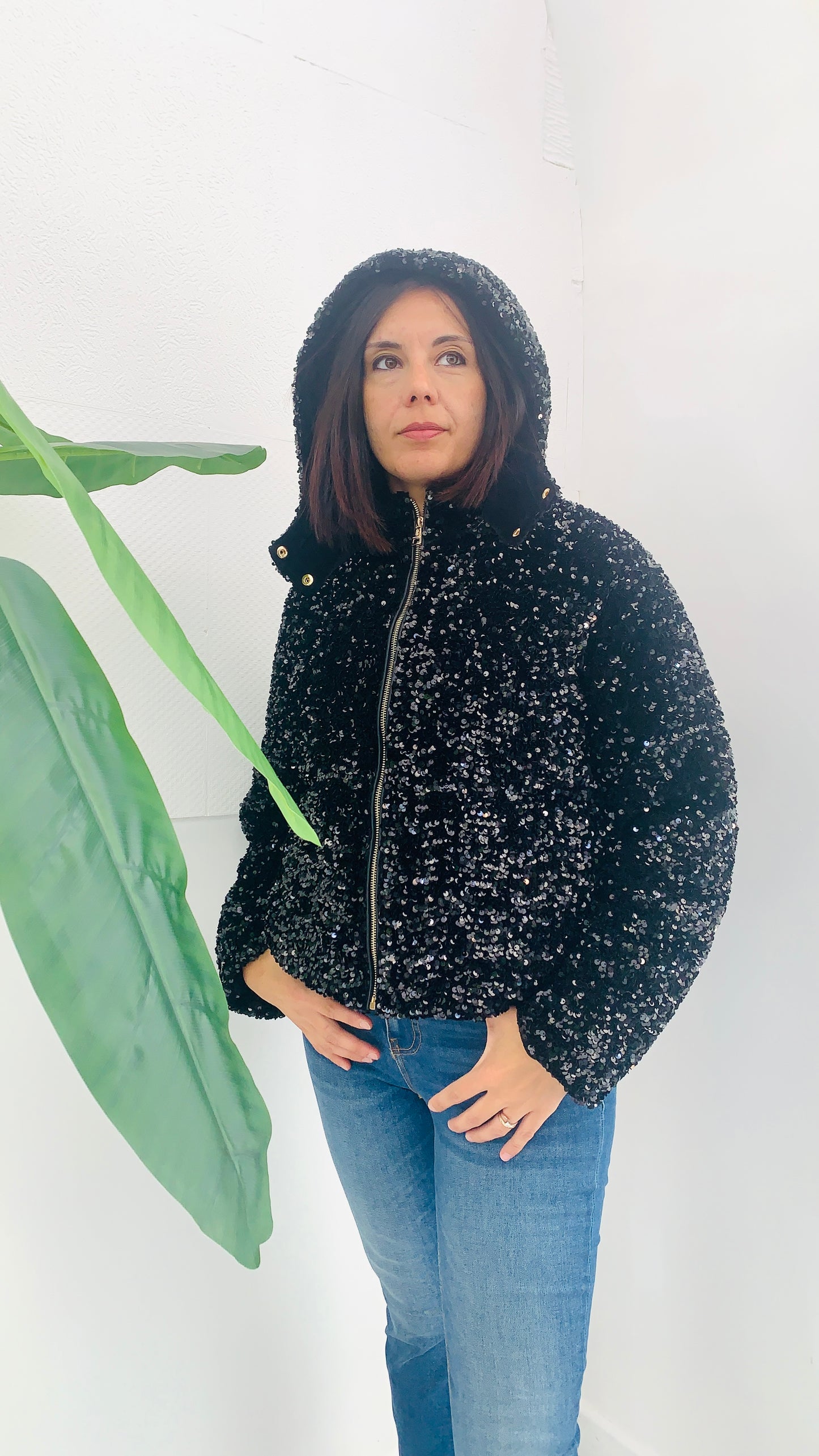 FRACOMINA Paillettes Coat Whit Hoody V Bomber Paiettato