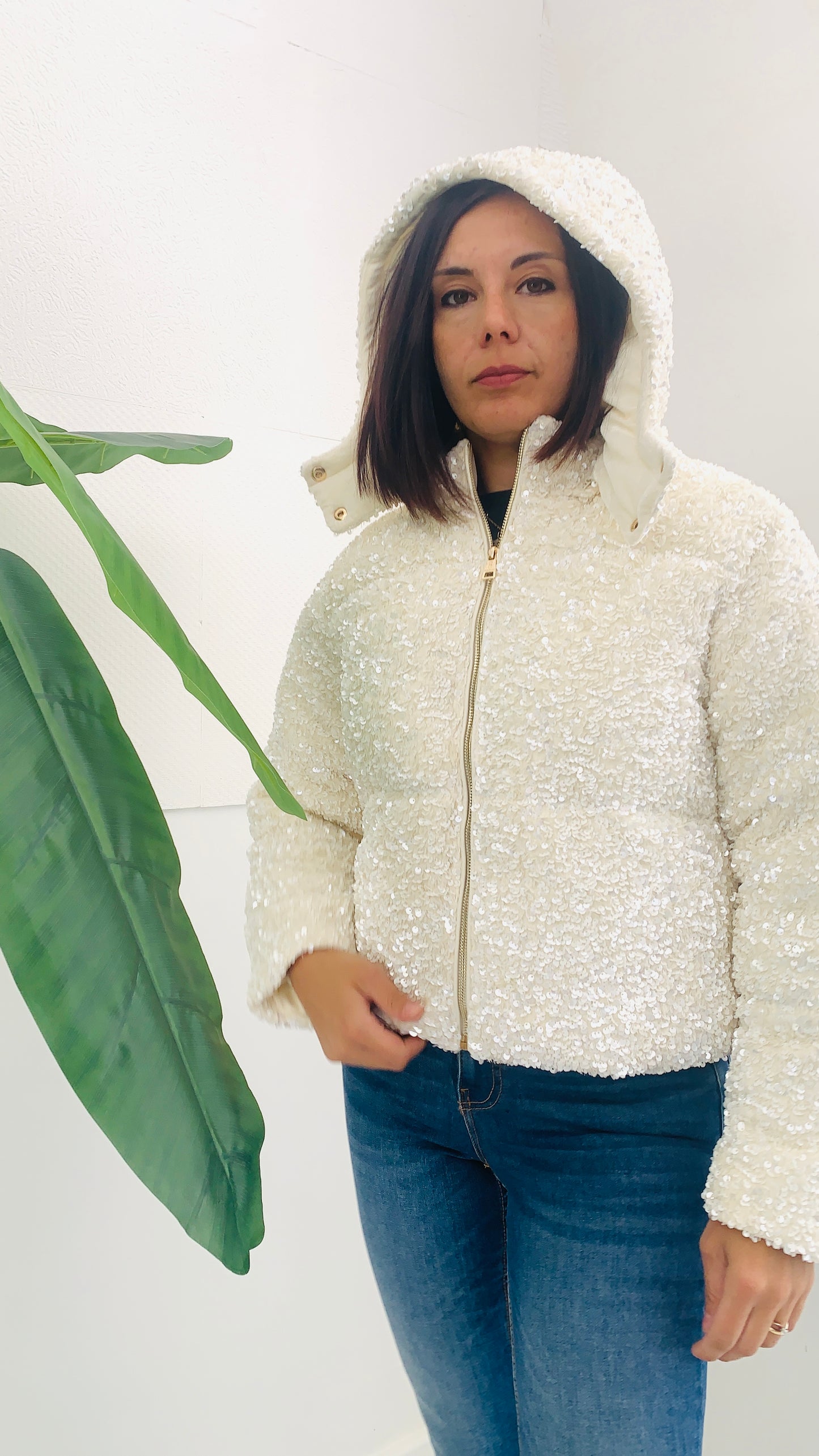 FRACOMINA Paillettes Coat Whit Hoody V Bomber Paiettato