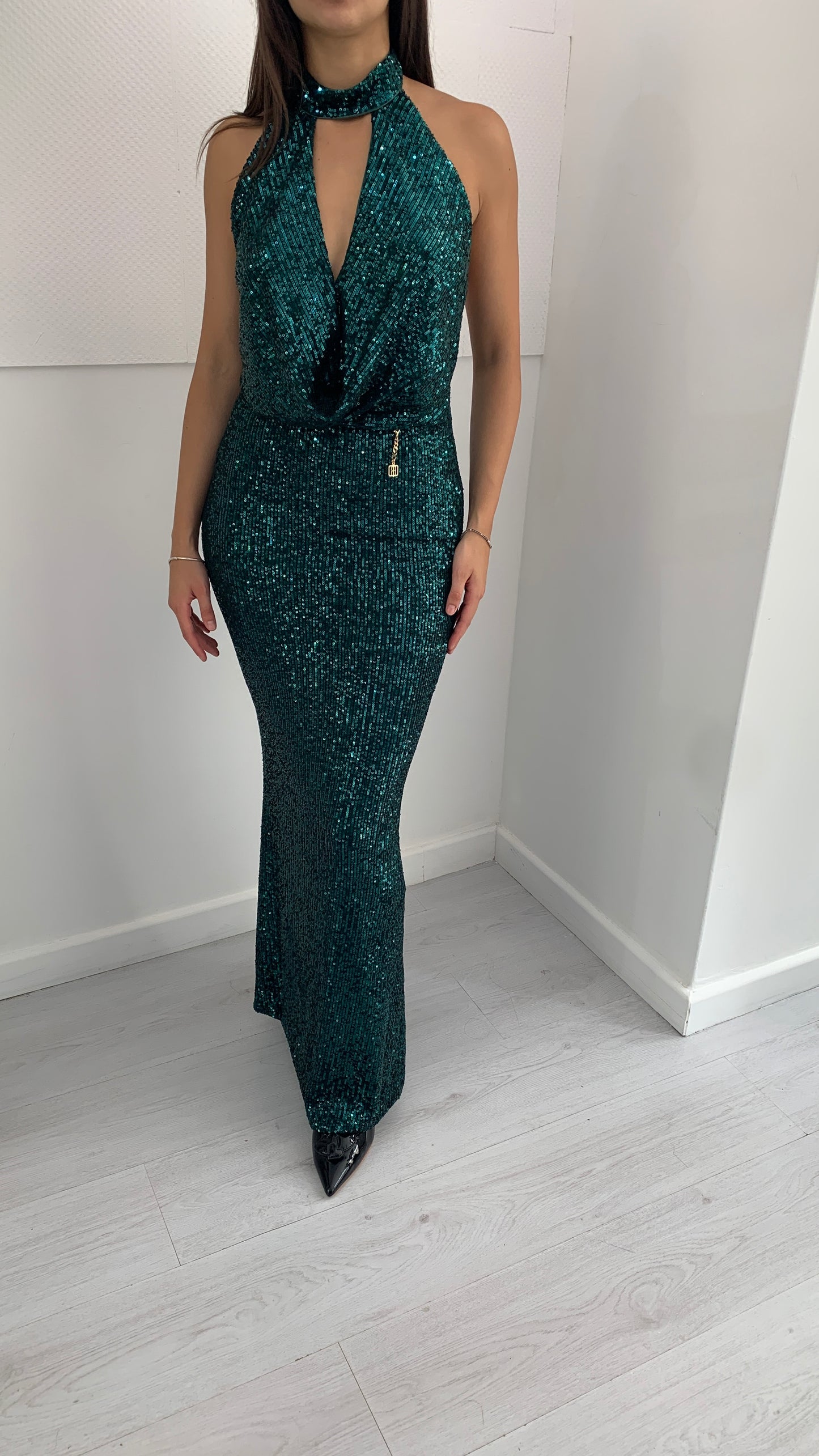 FRACOMINA Abito Lungo Paiettato Smeraldo