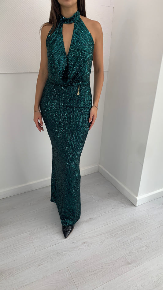 FRACOMINA Abito Lungo Paiettato Smeraldo