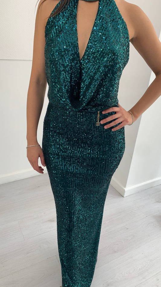 FRACOMINA Abito Lungo Paiettato Smeraldo
