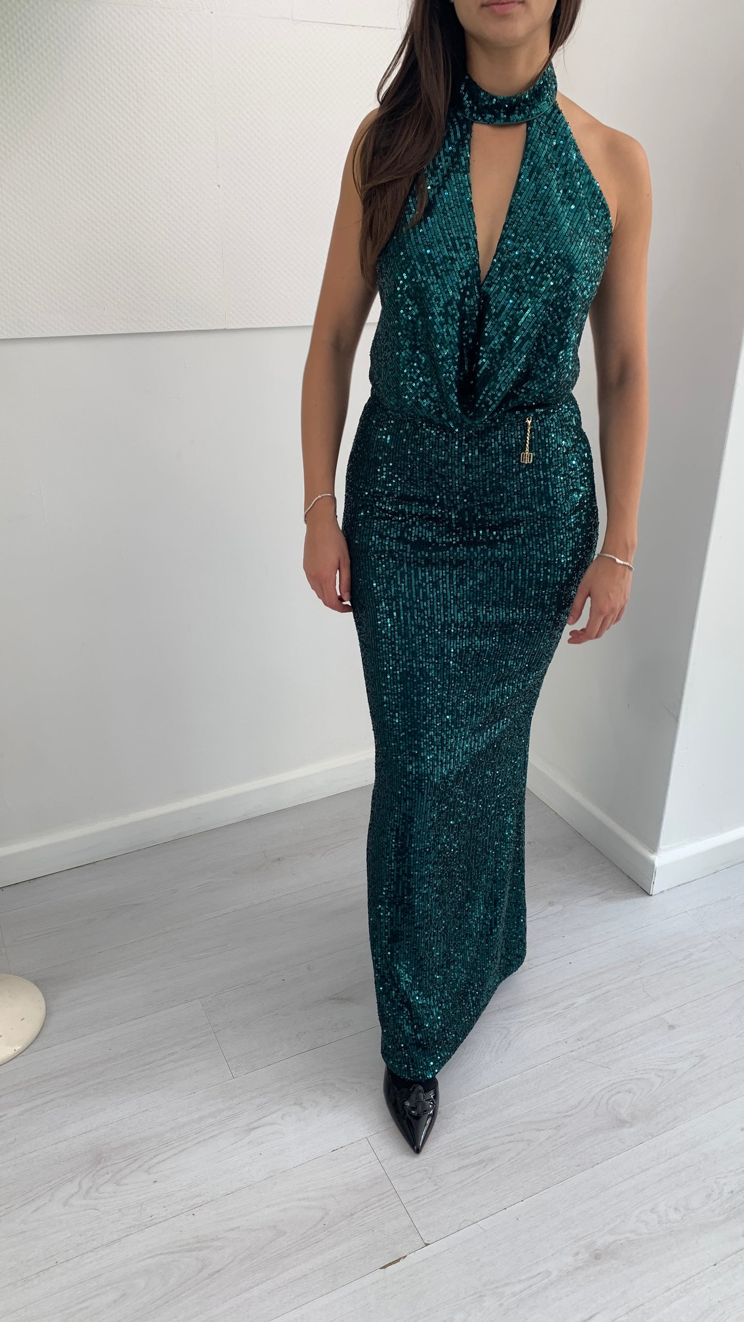 FRACOMINA Abito Lungo Paiettato Smeraldo