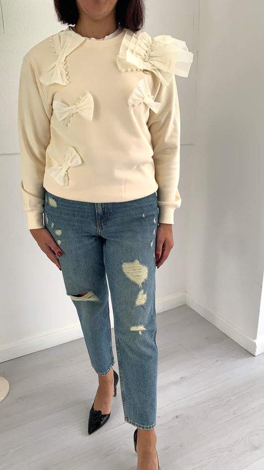 FRACOMINA Felpa Vanilla con Fiocchi e Perle