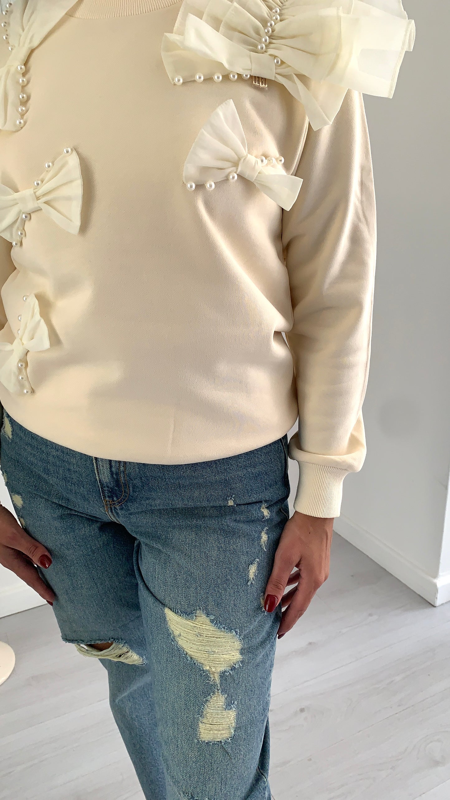 FRACOMINA Felpa Vanilla con Fiocchi e Perle