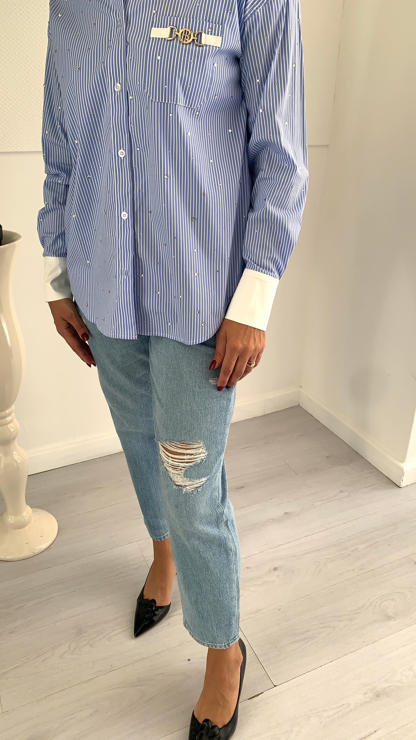 FRACOMINA Camicia Over Rigata con Punti Luce