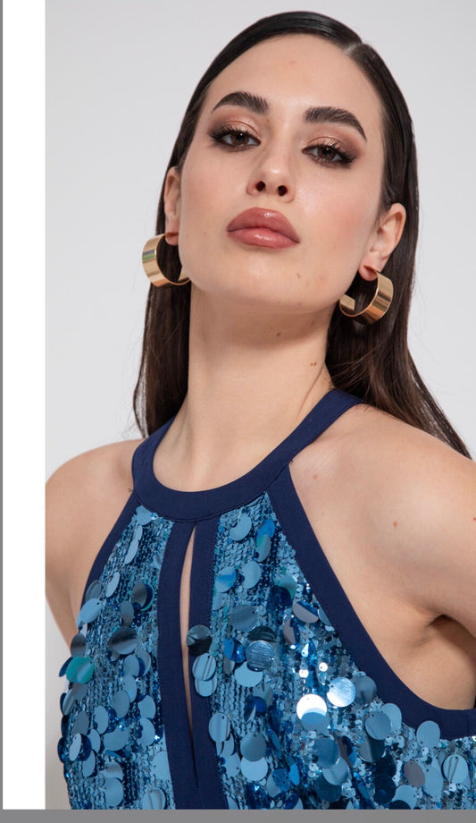 Abito Lungo Cerimonia Curvy Blu Navy con Corpetto Paillettes