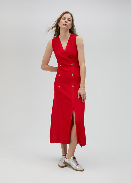 LOLA CASADEMUNT Abito Rosso in Maglia con Spacco e Bottoni Oro