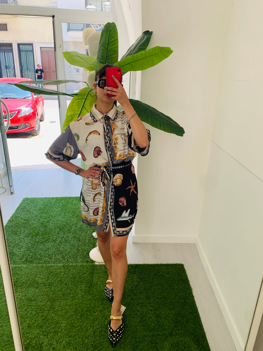 VIVIENNE Abito Corto Chemisier Fantasy in Viscosa e Seta