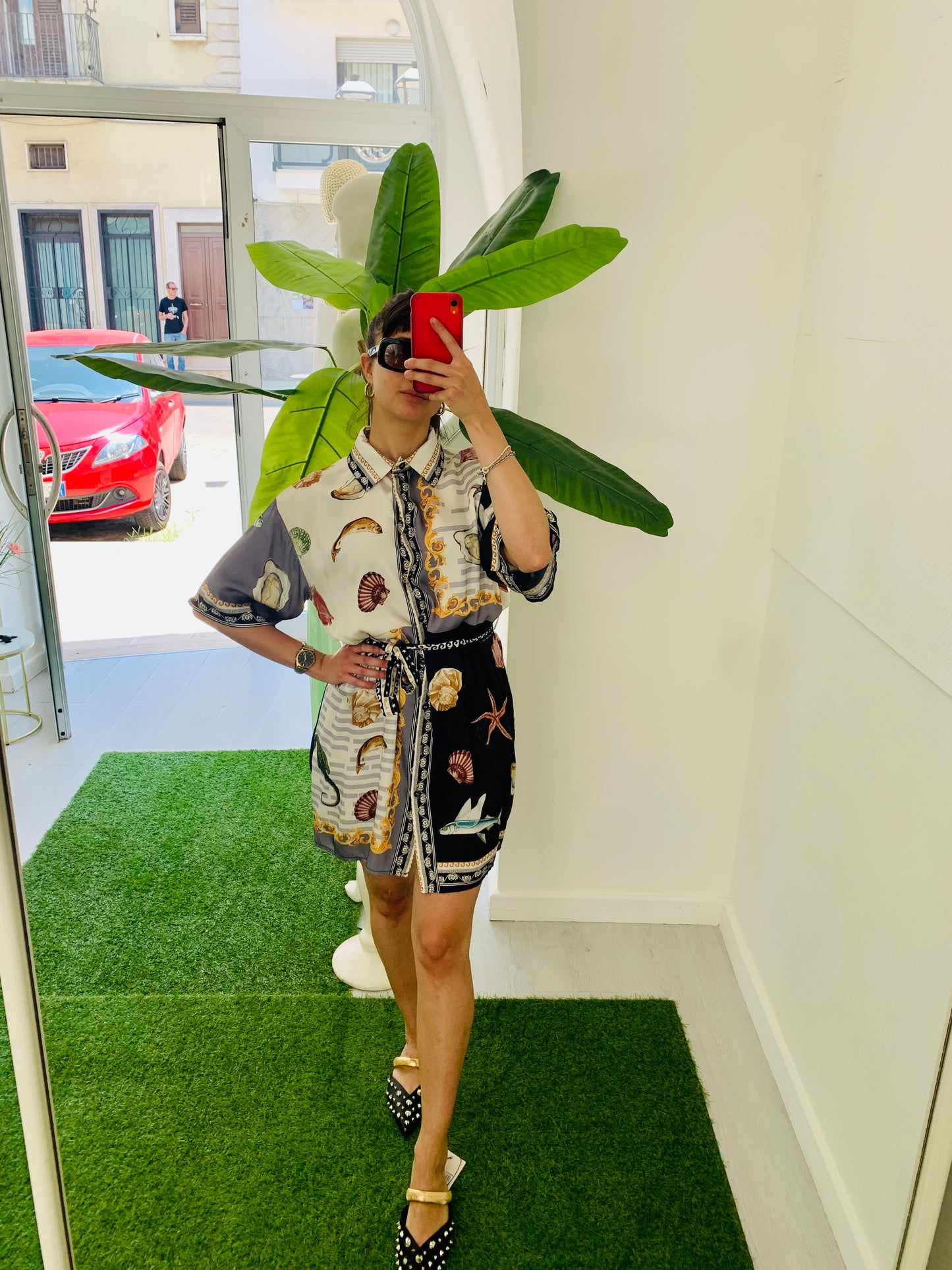 VIVIENNE Abito Corto Chemisier Fantasy in Viscosa e Seta