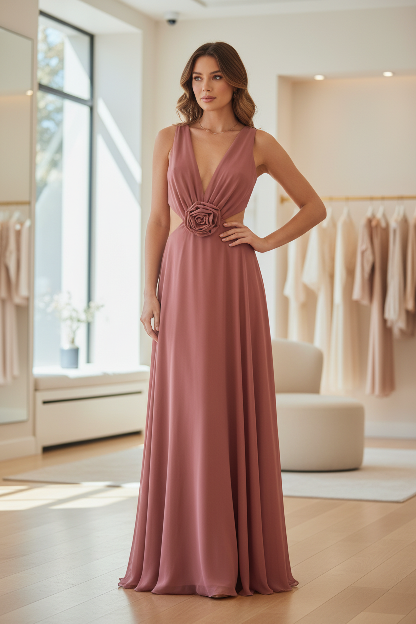Foto 1 (modella): "Abito lungo rosa antico Denny Rose indossato da modella - scollo V profondo, rosa applicata al centro vita e gonna fluente"