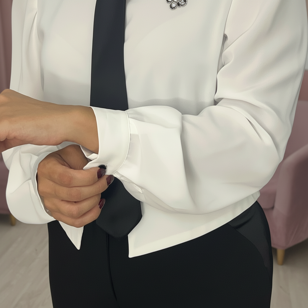 Dettaglio della camicia bianca da donna con cravatta nera e polsini