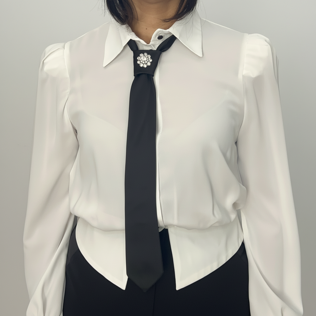 Vista frontale della camicia bianca da donna con cravatta nera e spilla gioiello