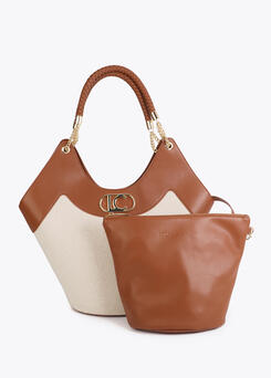 Set borsa shopper e pochette secchiello in cotone bicolore cuoio e panna con manico intrecciato dorato – Lola Casademunt | Griffe Dipierro