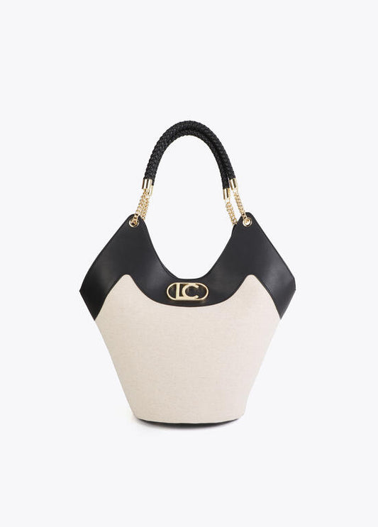 Set borsa shopper e pochette secchiello bicolore nero e panna con manico intrecciato e logo LC dorato – Lola Casademunt | Griffe Dipierro

