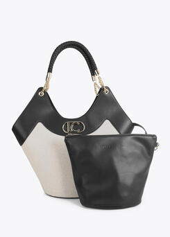 Borsa shopper bicolore nero e panna con manico intrecciato dorato e logo LC – Lola Casademunt | Griffe Dipierro