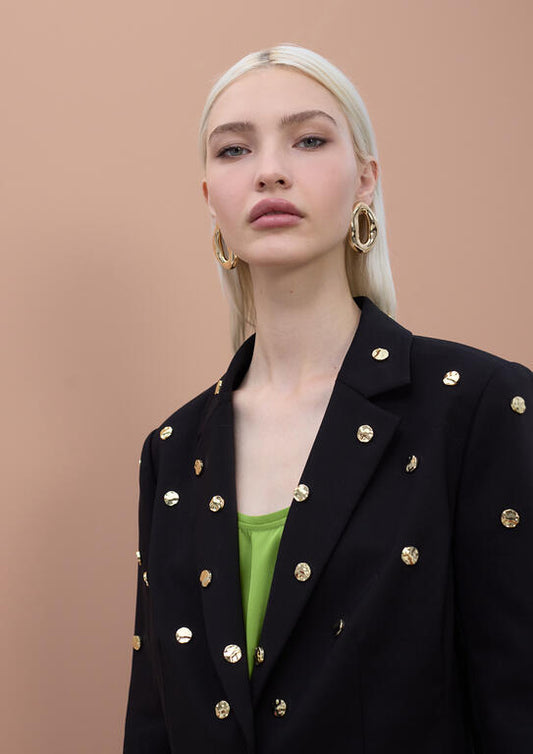Blazer nero da donna con bottoni dorati decorativi, vestibilità regolare