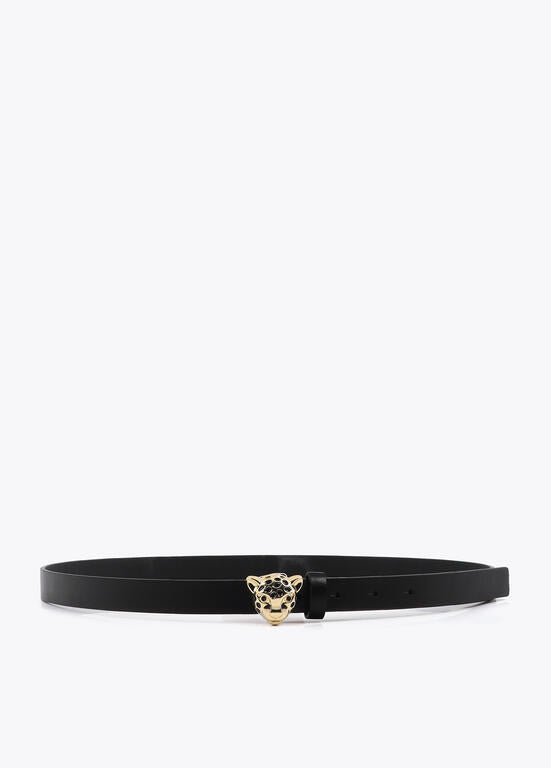 Cintura sottile nera donna con fibbia gioiello pantera oro, accessorio elegante per segnare il punto vita sopra una giacca,  un blazer, o semplicemente abito o pantalone.
