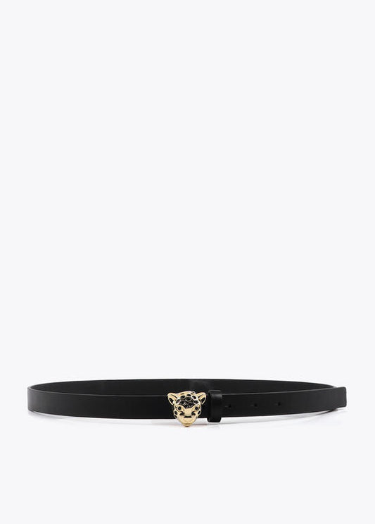 Cintura sottile nera donna con fibbia gioiello pantera oro, accessorio elegante per segnare il punto vita sopra una giacca,  un blazer, o semplicemente abito o pantalone.