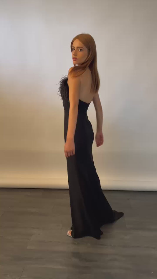 TNS BRAND Abito Sirena con Piume Nero