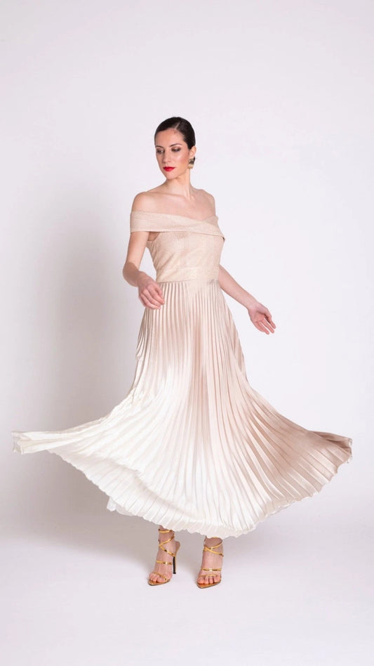 EDAS Abito Plissè Sfumato con Scollo a Barca in Croschè